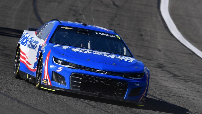 Feb 27, 2022; Fontana, California, USA; NASCAR Cup Series driver Kyle Larson (5) during the WISE Power 400 at Auto Club Speedway. Mandatory Credit: Gary A. Vasquez-USA TODAY Sports