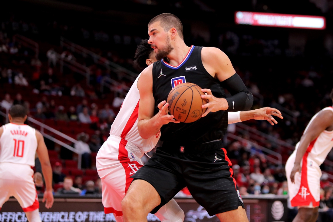 Feb 27, 2022; Houston, Texas, USA; LA Clippers center Ivica Zubac (40) handles the ball inside against the Houston Rockets during the first quarter at Toyota Center. Mandatory Credit: Erik Williams-USA TODAY Sports