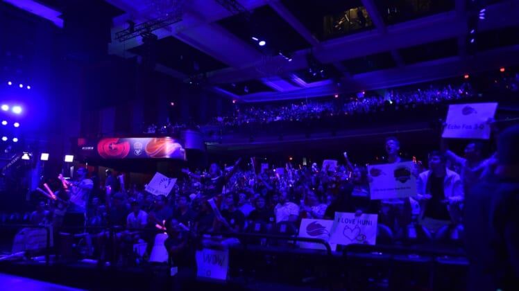 Apr 7, 2018; Miami Beach, FL, USA; The fans cheer during the League of Legends 2018 North America Spring Finals competition between Echo Fox and the Clutch Gaming at The Fillmore Miami Beach. Mandatory Credit: Jasen Vinlove-USA TODAY Sports