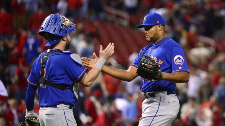 Apr 24, 2018; St. Louis, MO, USA; New York Mets relief pitcher Jeurys Familia (27) celebrates with catcher Tomas Nido (3) after the Mets defeated the St. Louis Cardinals in ten innings at Busch Stadium. Mandatory Credit: Jeff Curry-USA TODAY Sports