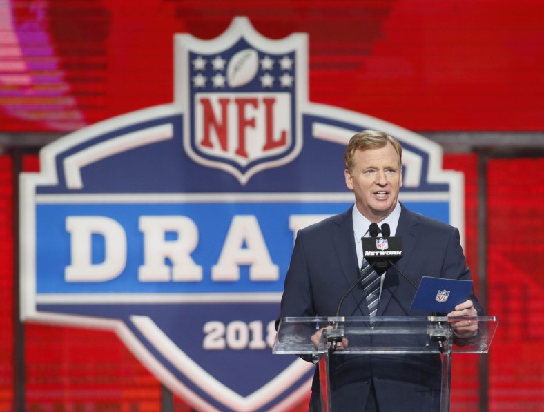 Apr 26, 2018; Arlington, TX, USA; NFL commissioner Roger Goodell speaks at the podium in the first round of the 2018 NFL Draft at AT&T Stadium.  Mandatory Credit: Tim Heitman-USA TODAY Sports