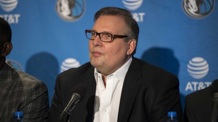 Jun 22, 2018; Dallas, TX, USA; Dallas Mavericks general manager Donnie Nelson answers questions during a press conference at the American Airlines Center. Mandatory Credit: Jerome Miron-USA TODAY Sports