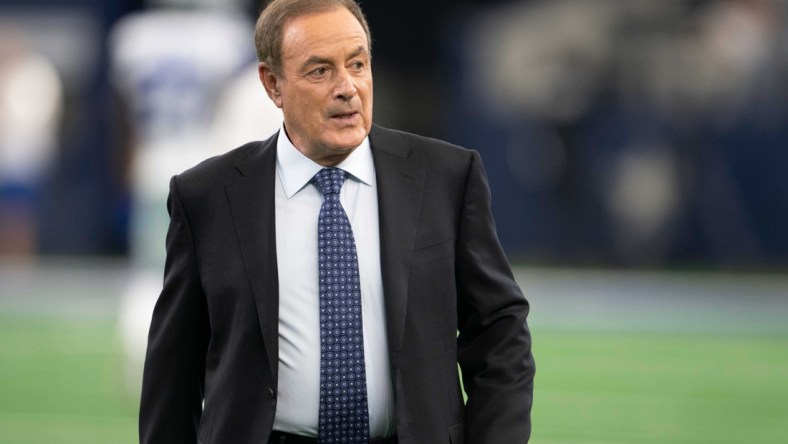 Aug 26, 2018; Arlington, TX, USA; Network television commentator Al Michaels before the game between the Dallas Cowboys and the Arizona Cardinals at AT&T Stadium. Mandatory Credit: Jerome Miron-USA TODAY Sports