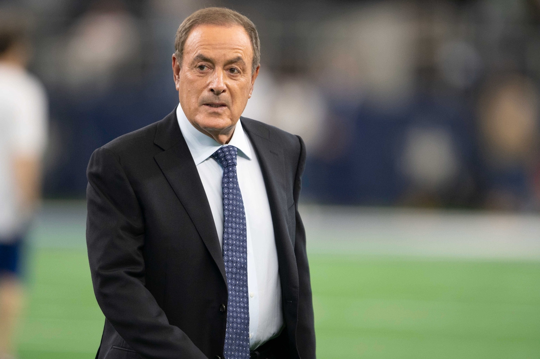 Aug 26, 2018; Arlington, TX, USA; Network television commentator Al Michaels before the game between the Dallas Cowboys and the Arizona Cardinals at AT&T Stadium. Mandatory Credit: Jerome Miron-USA TODAY Sports