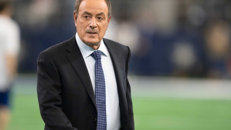 Aug 26, 2018; Arlington, TX, USA; Network television commentator Al Michaels before the game between the Dallas Cowboys and the Arizona Cardinals at AT&T Stadium. Mandatory Credit: Jerome Miron-USA TODAY Sports