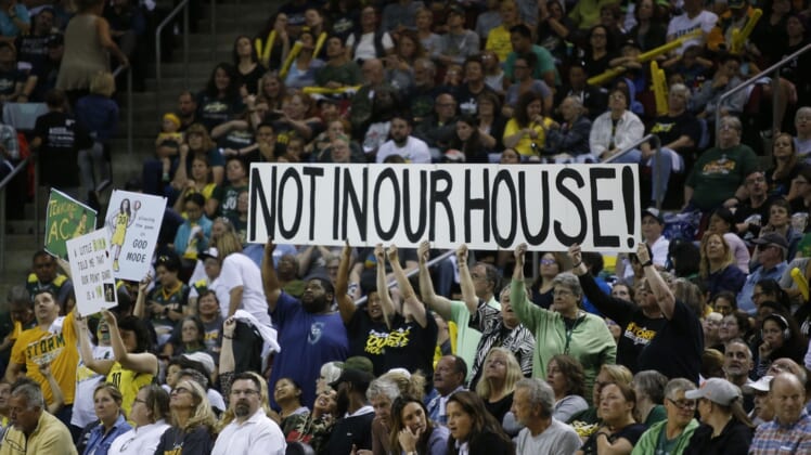 Sep 9, 2018; Seattle, WA, USA; Seattle Storm fans hold up a sign during the second quarter of game two of the WNBA Finals against the Washington Mystics at KeyArena. Mandatory Credit: Jennifer Buchanan-USA TODAY Sports