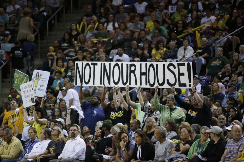 Sep 9, 2018; Seattle, WA, USA; Seattle Storm fans hold up a sign during the second quarter of game two of the WNBA Finals against the Washington Mystics at KeyArena. Mandatory Credit: Jennifer Buchanan-USA TODAY Sports