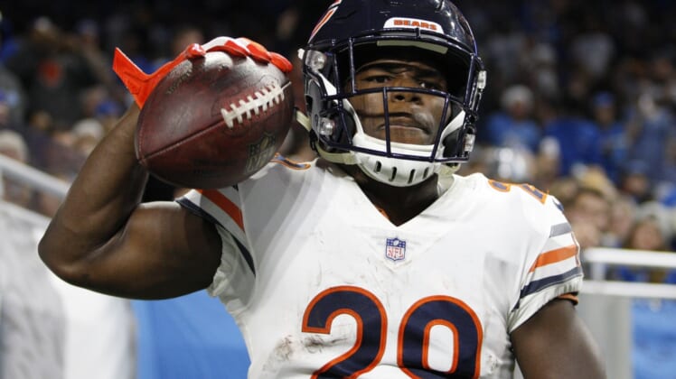 Nov 22, 2018; Detroit, MI, USA; Chicago Bears running back Tarik Cohen (29) celebrates after scoring a touchdown during the fourth quarter against the Detroit Lions at Ford Field. Mandatory Credit: Raj Mehta-USA TODAY Sports
