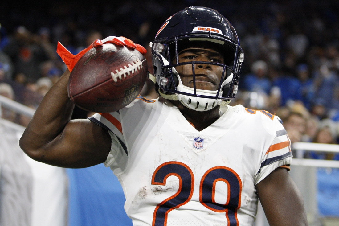 Nov 22, 2018; Detroit, MI, USA; Chicago Bears running back Tarik Cohen (29) celebrates after scoring a touchdown during the fourth quarter against the Detroit Lions at Ford Field. Mandatory Credit: Raj Mehta-USA TODAY Sports