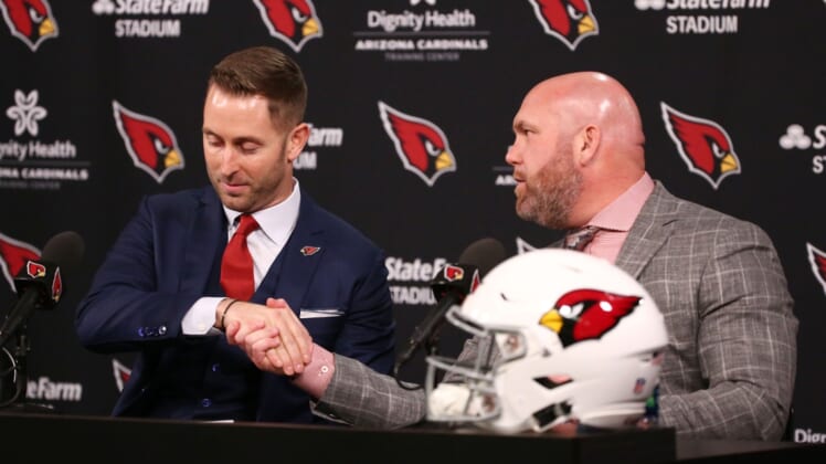 Cardinals General Manager Steve Keim welcomes new head coach Kliff Kingsbury during his introductory news conference on Jan. 9.Arizona Cardinals New Head Coach Kliff Kingsbury