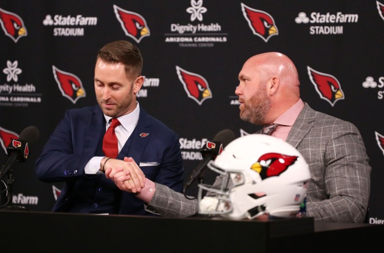 Cardinals General Manager Steve Keim welcomes new head coach Kliff Kingsbury during his introductory news conference on Jan. 9.

Arizona Cardinals New Head Coach Kliff Kingsbury