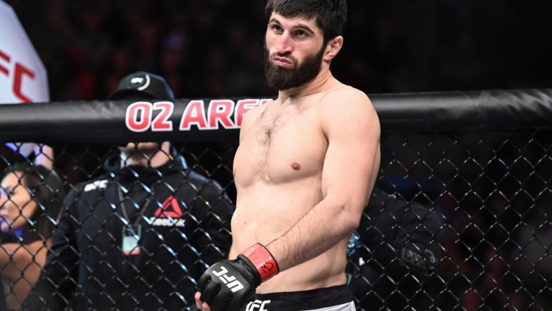 Feb 23, 2019; Prague, Czech Republic; Magomed Ankalaev (red gloves) defeats Klidson Abreu (blue gloves) during UFC Fight Night at 02 Arena. Mandatory Credit: Per Haljestam-USA TODAY Sports