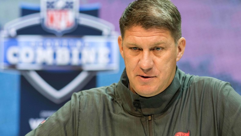 Feb 27, 2019; Indianapolis, IN, USA; Tampa Bay Buccaneers general manager Jason Licht speaks to media during the 2019 NFL Combine at Indianapolis Convention Center. Mandatory Credit: Trevor Ruszkowski-USA TODAY Sports