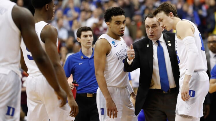 Mar 29, 2019; Washington, DC, USA; Duke Blue Devils head coach Mike Krzyzewski talks to his team against the Virginia Tech Hokies in the semifinals of the east regional of the 2019 NCAA Tournament at Capital One Arena. Mandatory Credit: Geoff Burke-USA TODAY Sports