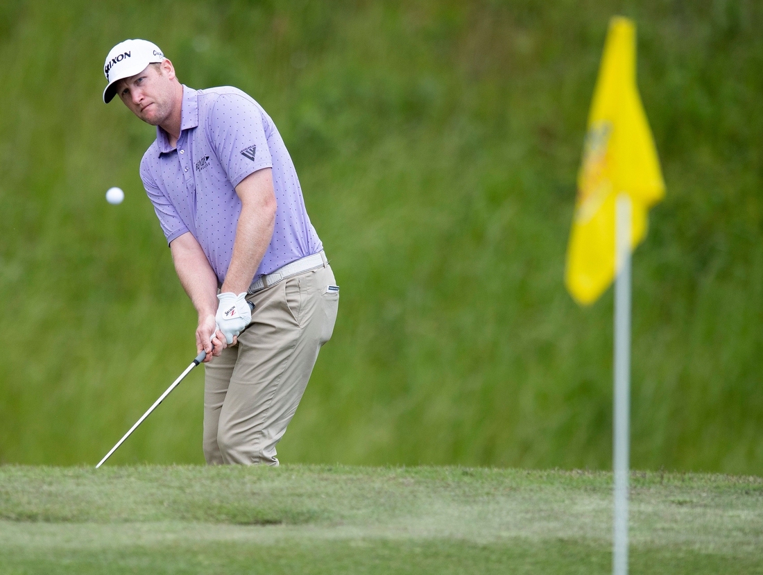 Ryan Brehm chips the ball into the cup during the first round of the Web.com Robert Trent Jones Golf Trail Championship in Prattville, Ala., on Thursday April 17, 2019. 

Golf46