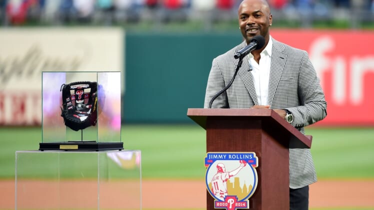 May 4, 2019; Philadelphia, PA, USA; Former Philadelphia Phillies shortstop Jimmy Rollins (center) is honored during his retirement ceremony prior to the game against the Washington Nationals at Citizens Bank Park. Mandatory Credit: Evan Habeeb-USA TODAY Sports