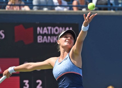 Aug 5, 2019; Toronto, Ontario, Canada;   Dayana Yastremska (Ukraine) serves to Johanna Konta (Great Britain) during the Rogers Cup tennis tournament at Aviva Centre. Mandatory Credit: Dan Hamilton-USA TODAY Sports