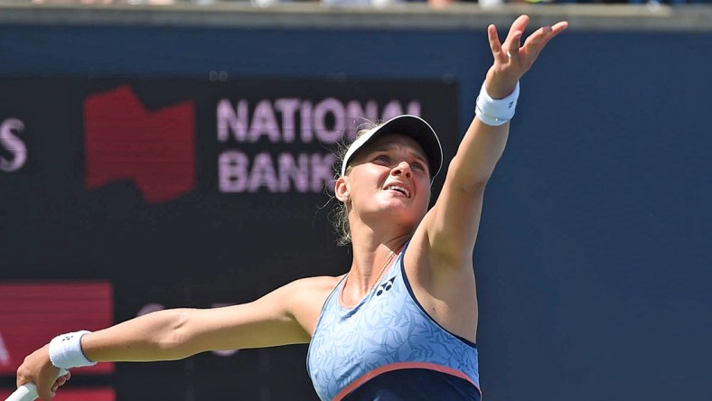 Aug 5, 2019; Toronto, Ontario, Canada;   Dayana Yastremska (Ukraine) serves to Johanna Konta (Great Britain) during the Rogers Cup tennis tournament at Aviva Centre. Mandatory Credit: Dan Hamilton-USA TODAY Sports