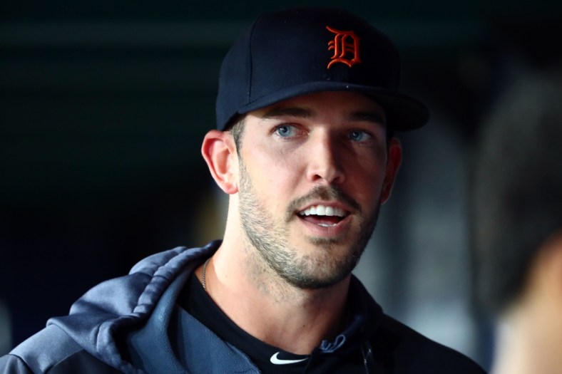 Aug 17, 2019; St. Petersburg, FL, USA; Detroit Tigers pitcher Drew VerHagen (54) looks on during the third inning against the Tampa Bay Rays at Tropicana Field. Mandatory Credit: Kim Klement-USA TODAY Sports