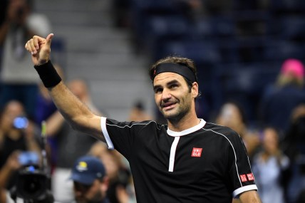 Aug 26, 2019; Flushing, NY, USA; Roger Federer of Switzerland waves to the crowd after his win over Sumit Nagal of India in the first round on day one of the 2019 U.S. Open tennis tournament at USTA Billie Jean King National Tennis Center. Mandatory Credit: Danielle Parhizkaran-USA TODAY Sports