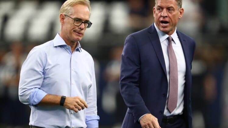 Oct 6, 2019; Arlington, TX, USA; Fox announcers Joe Buck and Troy Aikman on the field prior to the game with the Dallas Cowboys playing against the Green Bay Packers at AT&T Stadium. Mandatory Credit: Matthew Emmons-USA TODAY Sports