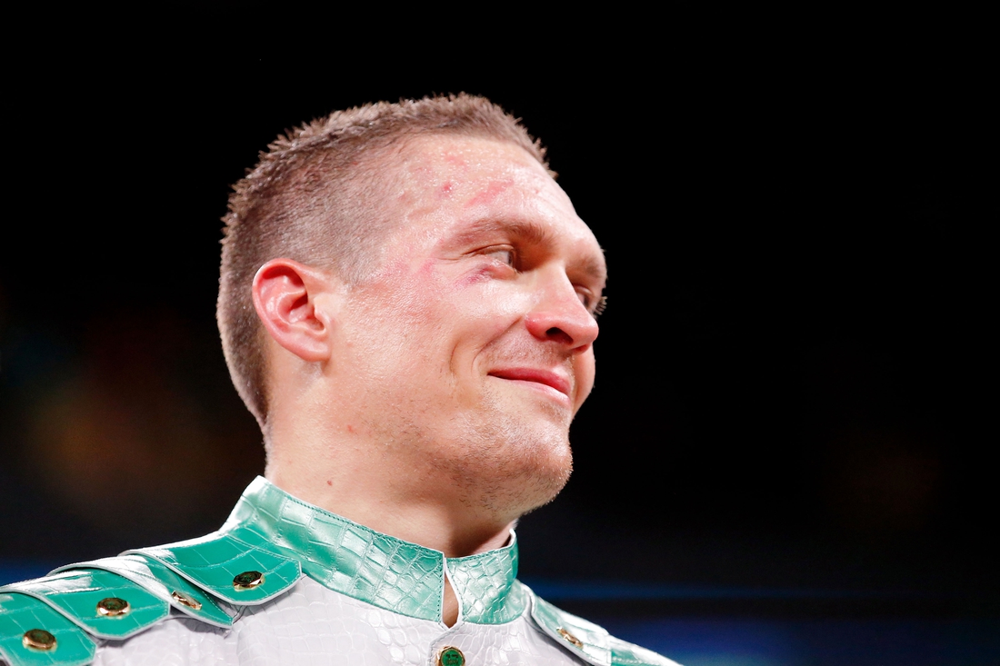 Oct 12, 2019; Chicago, IL, USA; Oleksandr Usyk (white trunks) after his win over Chazz Witherspoon (not pictured) box during a heavyweight boxing match at Wintrust Arena. Mandatory Credit: Jon Durr-USA TODAY Sports