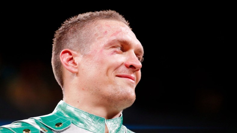 Oct 12, 2019; Chicago, IL, USA; Oleksandr Usyk (white trunks) after his win over Chazz Witherspoon (not pictured) box during a heavyweight boxing match at Wintrust Arena. Mandatory Credit: Jon Durr-USA TODAY Sports