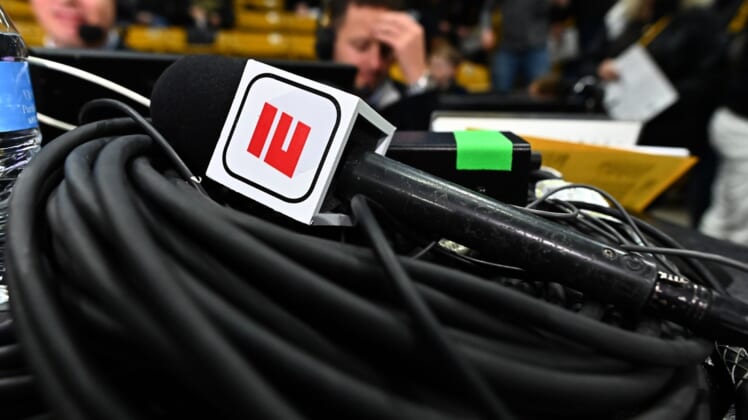 Jan 5, 2020; Boulder, Colorado, USA; General view of a ESPN broadcast microphone before the start of the game between the Oregon State Beavers against the Colorado Buffaloes at the CU Events Center. Mandatory Credit: Ron Chenoy-USA TODAY Sports