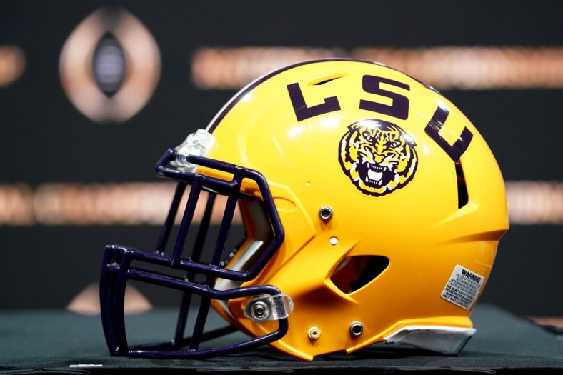 Jan 12, 2020; New Orleans, Louisiana, USA; An LSU Tigers helmet on display before the head coaches press conference for the CFP with LSU Tigers head coach Ed Orgeron and Clemson Tigers head coach Dabo Swinney at the Sheraton New Orleans, Grand Ballroom. Mandatory Credit: John David Mercer-USA TODAY Sports