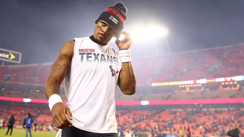 Jan 12, 2020; Kansas City, Missouri, USA; Houston Texans quarterback Deshaun Watson (4) reacts as he leaves the field following the game against the Kansas City Chiefs in the AFC Divisional Round playoff football game at Arrowhead Stadium. Mandatory Credit: Mark J. Rebilas-USA TODAY Sports