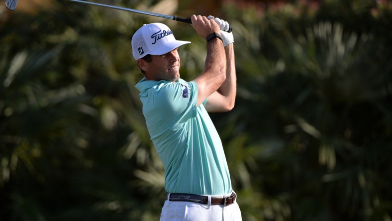 Jan 16, 2020; La Quinta, California, USA;  Ben Martin plays his shot from the 17th tee during the first round of The American Express golf tournament on the Jack Nicklaus Course at PGA West. Mandatory Credit: Orlando Ramirez-USA TODAY Sports