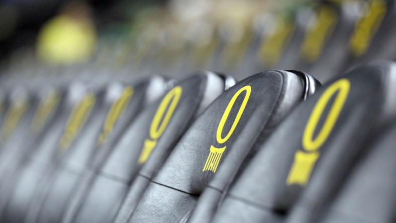 Jan 23, 2020; Eugene, Oregon, USA; A general view of the Oregon Ducks logo on court side seats prior to the game between the Oregon Ducks and the USC Trojans at Matthew Knight Arena. Mandatory Credit: Soobum Im-USA TODAY Sports