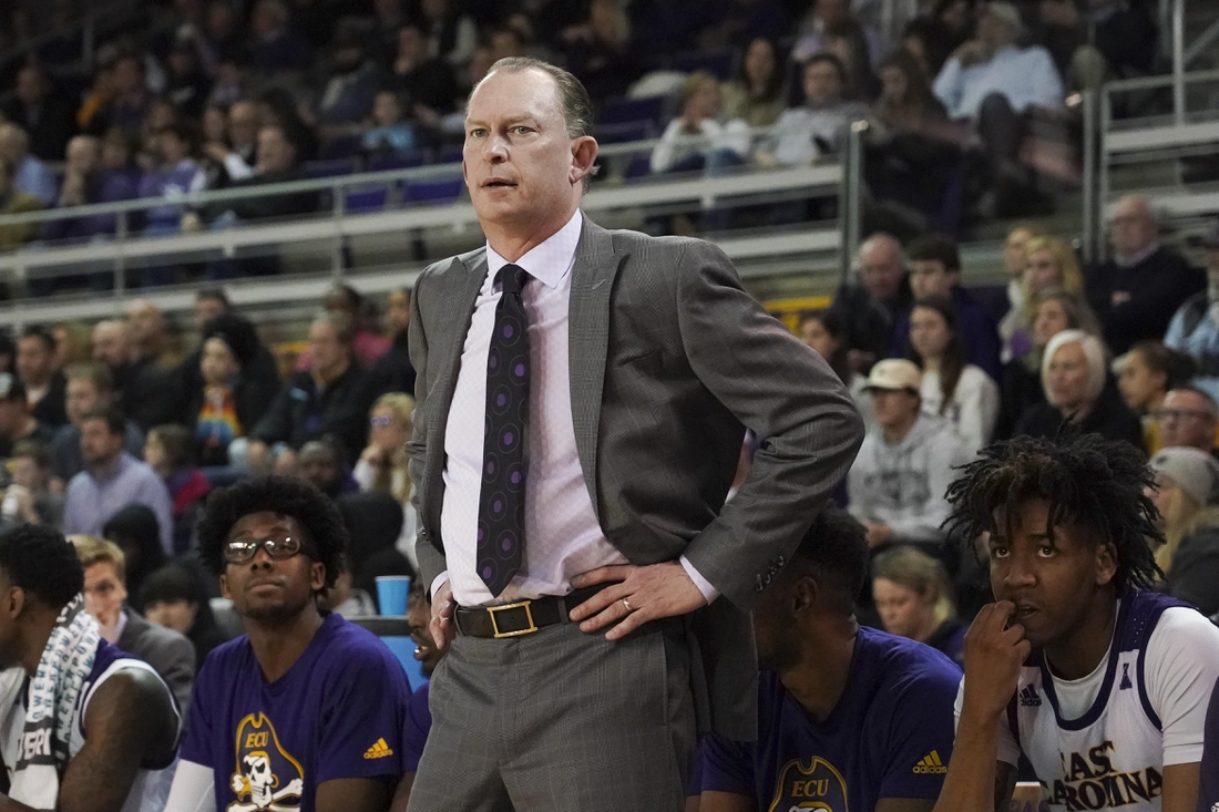 Jan 29, 2020; Greenville, North Carolina, USA;  East Carolina Pirates head coach Joe Dooley looks on during the first half against the Houston Cougars at Minges Coliseum. The Houston Cougars defeated the East Carolina Pirates 69-59. Mandatory Credit: James Guillory-USA TODAY Sports