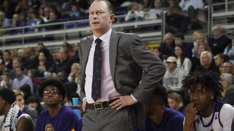 Jan 29, 2020; Greenville, North Carolina, USA;  East Carolina Pirates head coach Joe Dooley looks on during the first half against the Houston Cougars at Minges Coliseum. The Houston Cougars defeated the East Carolina Pirates 69-59. Mandatory Credit: James Guillory-USA TODAY Sports