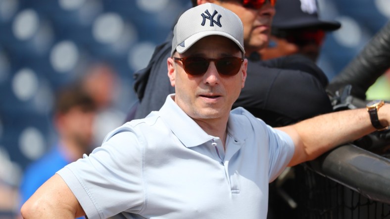 Feb 18, 2020; Tampa, Florida, USA;New York Yankees general manager Brian Cashman during spring training at George M. Steinbrenner Field. Mandatory Credit: Kim Klement-USA TODAY Sports