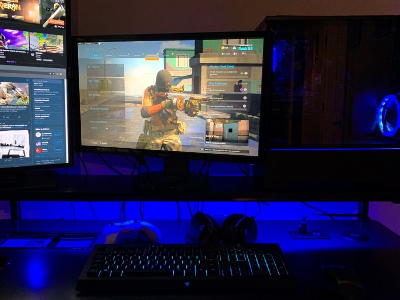 PC gaming setup with "Call of Duty: Warzone" on the monitor

Video Games, PC setup