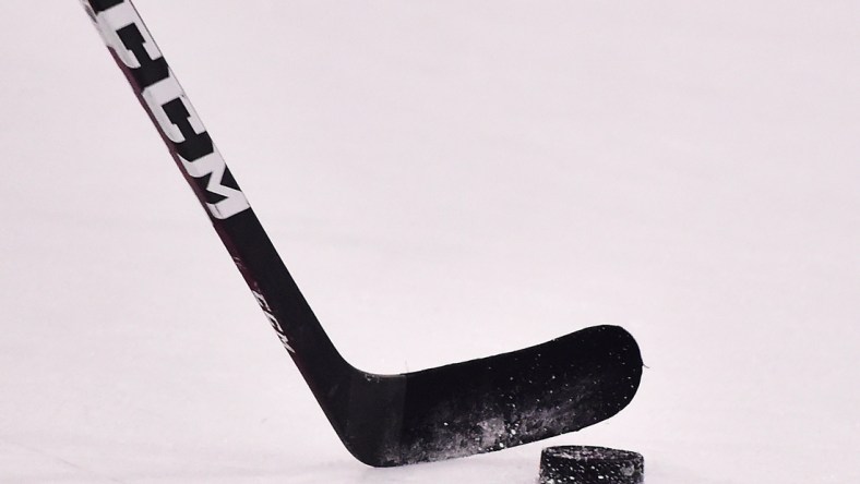 Jul 14, 2020; St. Louis, Missouri, USA; A view of a St. Louis Blues players hockey stick and puck during a NHL workout at Centene Community Ice Center. Mandatory Credit: Jeff Curry-USA TODAY Sports