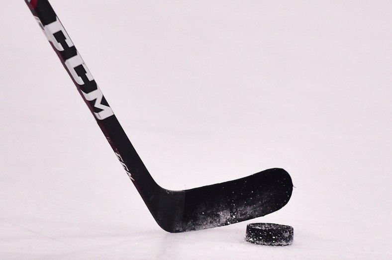 Jul 14, 2020; St. Louis, Missouri, USA; A view of a St. Louis Blues players hockey stick and puck during a NHL workout at Centene Community Ice Center. Mandatory Credit: Jeff Curry-USA TODAY Sports