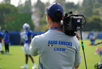 Aug 18, 2020; Thousand Oaks California, USA; An HBO Hard Knocks film cameraman shoots video footage at Los Angeles Rams training camp at Cal Lutheran University. Mandatory Credit: Kirby Lee-USA TODAY Sports