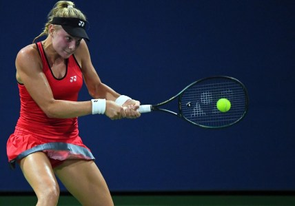 Sep 2, 2020; Flushing Meadows, New York, USA; Dayana Yastremska of Ukraine hits the ball against Madison Brengle of the the United States on day three of the 2020 U.S. Open tennis tournament at USTA Billie Jean King National Tennis Center. Mandatory Credit: Robert Deutsch-USA TODAY Sports