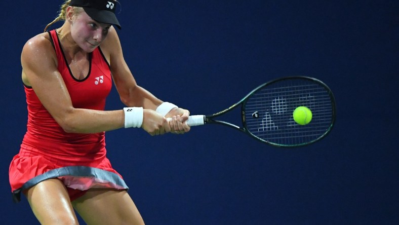 Sep 2, 2020; Flushing Meadows, New York, USA; Dayana Yastremska of Ukraine hits the ball against Madison Brengle of the the United States on day three of the 2020 U.S. Open tennis tournament at USTA Billie Jean King National Tennis Center. Mandatory Credit: Robert Deutsch-USA TODAY Sports