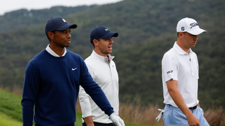 Tiger Woods and Justin Thomas faced off against Europeans Rory McIlroy and Justin Rose in the Payne's Valley Cup, the inaugural event at the new Payne's Valley Golf Course in Ridgedale, Mo., on Tuesday, Sept. 22, 2020.Tpaynes Valley Cup00130