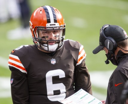 Nov 15, 2020; Cleveland, Ohio, USA; Cleveland Browns quarterback Baker Mayfield (6) talks with head coach Kevin Stefanski during the two-minute warning during the second quarter against the Houston Texans at FirstEnergy Stadium. Mandatory Credit: Scott Galvin-USA TODAY Sports