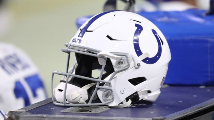 Dec 13, 2020; Paradise, Nevada, USA; Detailed view of an Indianapolis Colts helmet against the Las Vegas Raiders at Allegiant Stadium. Mandatory Credit: Mark J. Rebilas-USA TODAY Sports