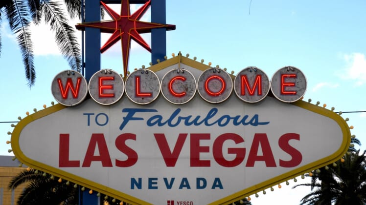 Dec 17, 2020; Paradise, Nevada, USA;  A general view of the Welcome to Fabulous Las Vegas sign on the Las Vegas strip. Mandatory Credit: Kirby Lee-USA TODAY Sports