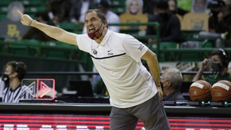 Feb 23, 2021; Waco, Texas, USA; Iowa State Cyclones head coach Steve Prohm yells from the sidelines during the first half against the Baylor Bears at Ferrell Center. Mandatory Credit: Raymond Carlin III-USA TODAY Sports