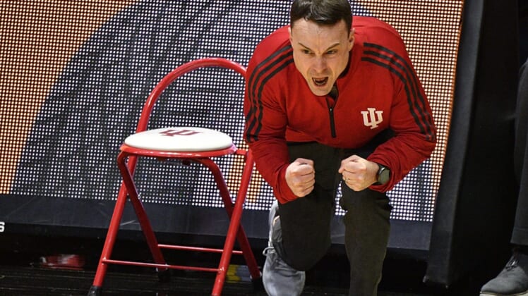 Mar 6, 2021; West Lafayette, Indiana, USA; Indiana Hoosiers head coach Archie Miller yells at his team during the second half of the game against the Purdue Boilermakers at Mackey Arena. Mandatory Credit: Marc Lebryk-USA TODAY Sports
