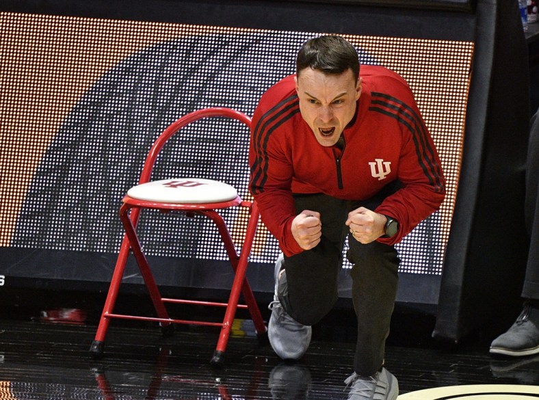 Mar 6, 2021; West Lafayette, Indiana, USA; Indiana Hoosiers head coach Archie Miller yells at his team during the second half of the game against the Purdue Boilermakers at Mackey Arena. Mandatory Credit: Marc Lebryk-USA TODAY Sports