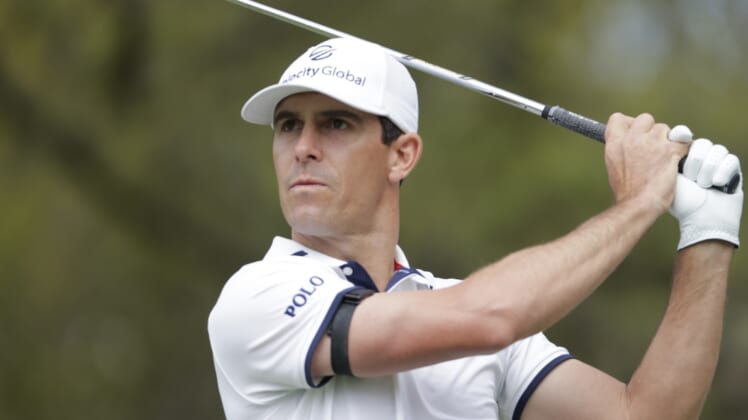 Mar 28, 2021; Austin, Texas, USA; Billy Horschel tees off on #10 in the semifinal match of the final day of the WGC Dell Technologies Match Play golf tournament at Austin Country Club. Mandatory Credit: Erich Schlegel-USA TODAY Sports
