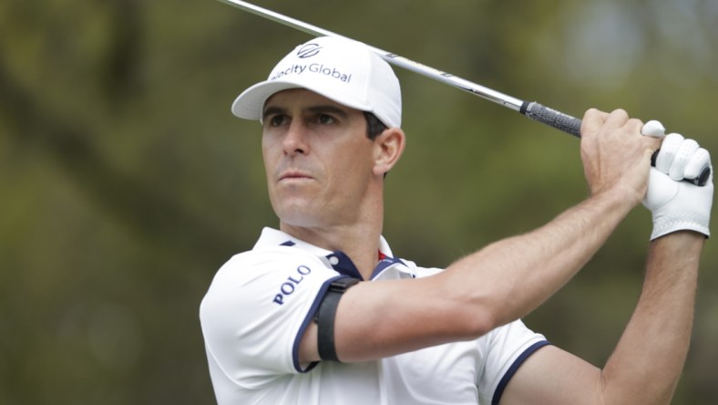 Mar 28, 2021; Austin, Texas, USA; Billy Horschel tees off on #10 in the semifinal match of the final day of the WGC Dell Technologies Match Play golf tournament at Austin Country Club. Mandatory Credit: Erich Schlegel-USA TODAY Sports